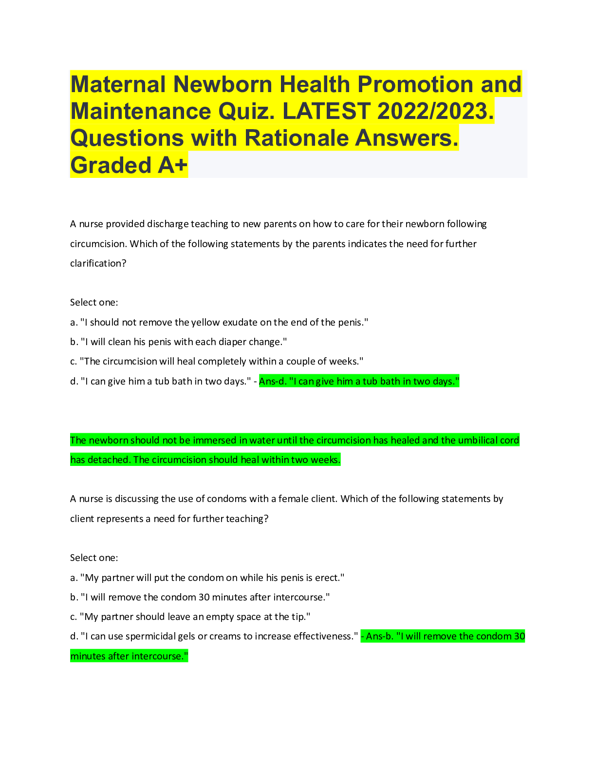 Preview image for ATI Maternal Newborn Health Promotion and Maintenance Quiz 2022/2023 Solutions